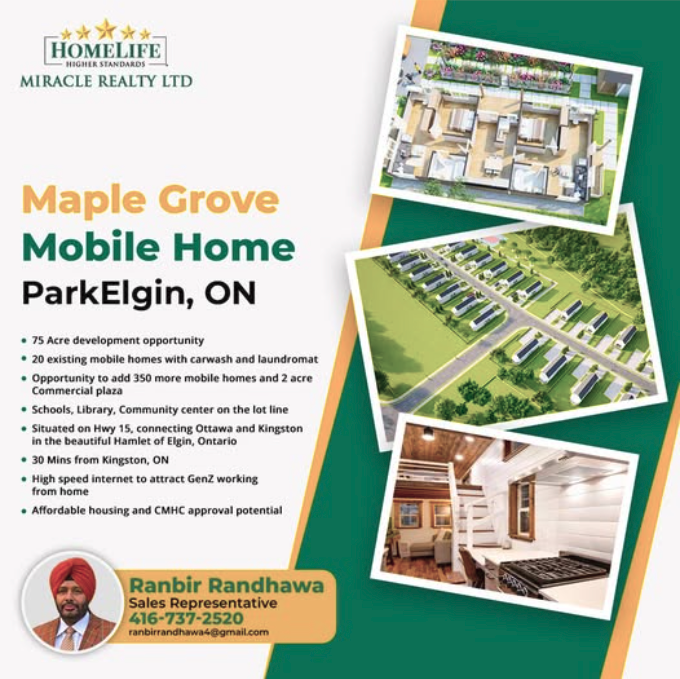 HomeLife/Miracle Realty poster for Maple Grove Mobile Home Park, noting 75 acres, 20 existing homes, room for 350 more, and 2 acres of commercial development